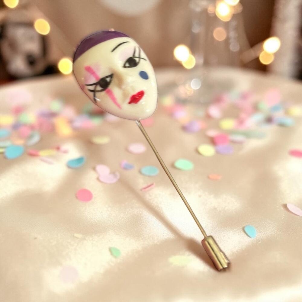 Vintage Art Deco Pierrot Face Stick Pin Harlequin Clown Mask Brooch Retro